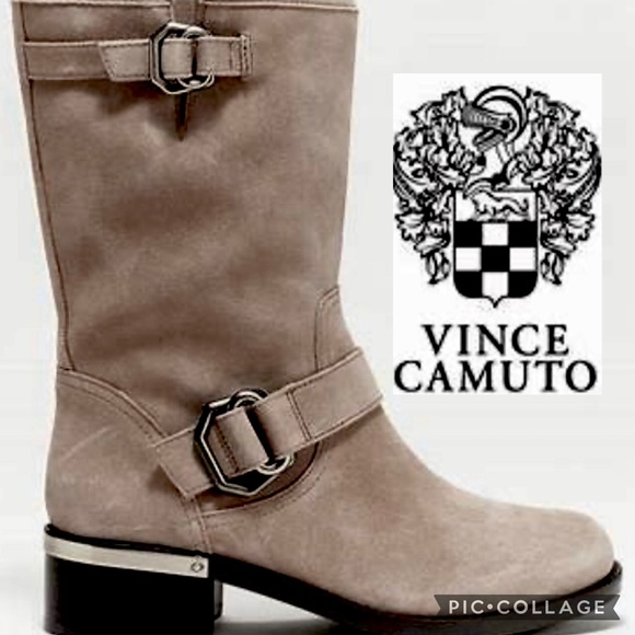 Vince, Camuto, WadeLyn suede moto boot, beige with chrome buckles, and details - Picture 1 of 7